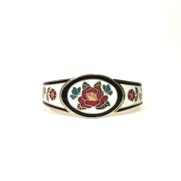 Vintage Cloisonné Enamel Guilloche Rose Butterflies Bangle Hinged Cuff Bracelet - Picture 1 of 7